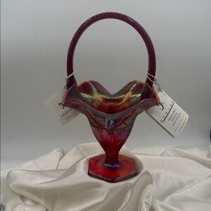 Red Glass Basket with Grape Design